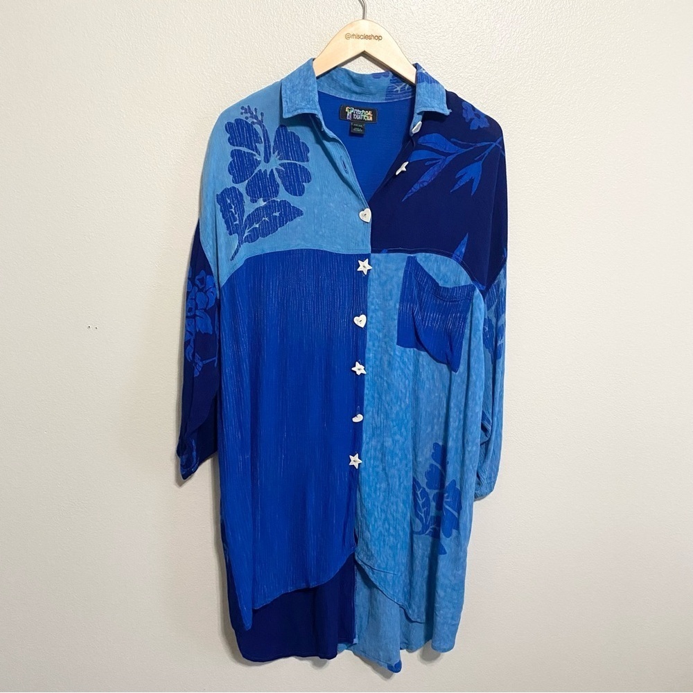 Tropical Tantrum Vintage Rayon Blue Hibiscus Oversized Shirt Tunic One Size
